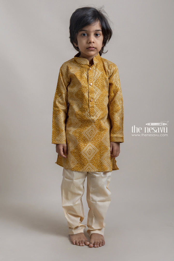 The Nesavu Boys Kurtha Set Pretty Yellow Gold Foil Handblock Printed Ethnic Kurta For Boys Nesavu 12 (3M) / Yellow / Chanderi BES304A-12 Ethnic Kurta Set For Boys | Trendy Boys Collection | The Nesavu