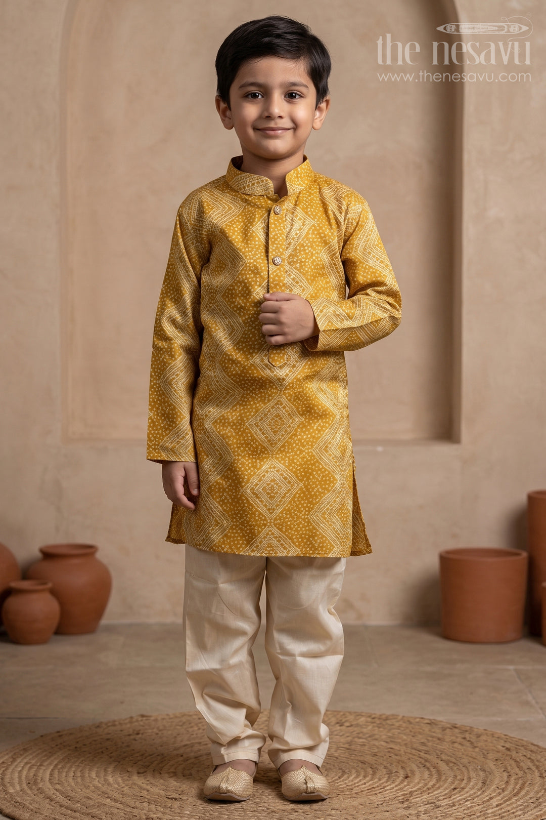 The Nesavu Boys Kurtha Set Pretty Yellow Gold Foil Handblock Printed Ethnic Kurta for Boys Nesavu 14 (6M) / Yellow / Chanderi BES304A-14 Yellow Foil Print Kurta for Boys