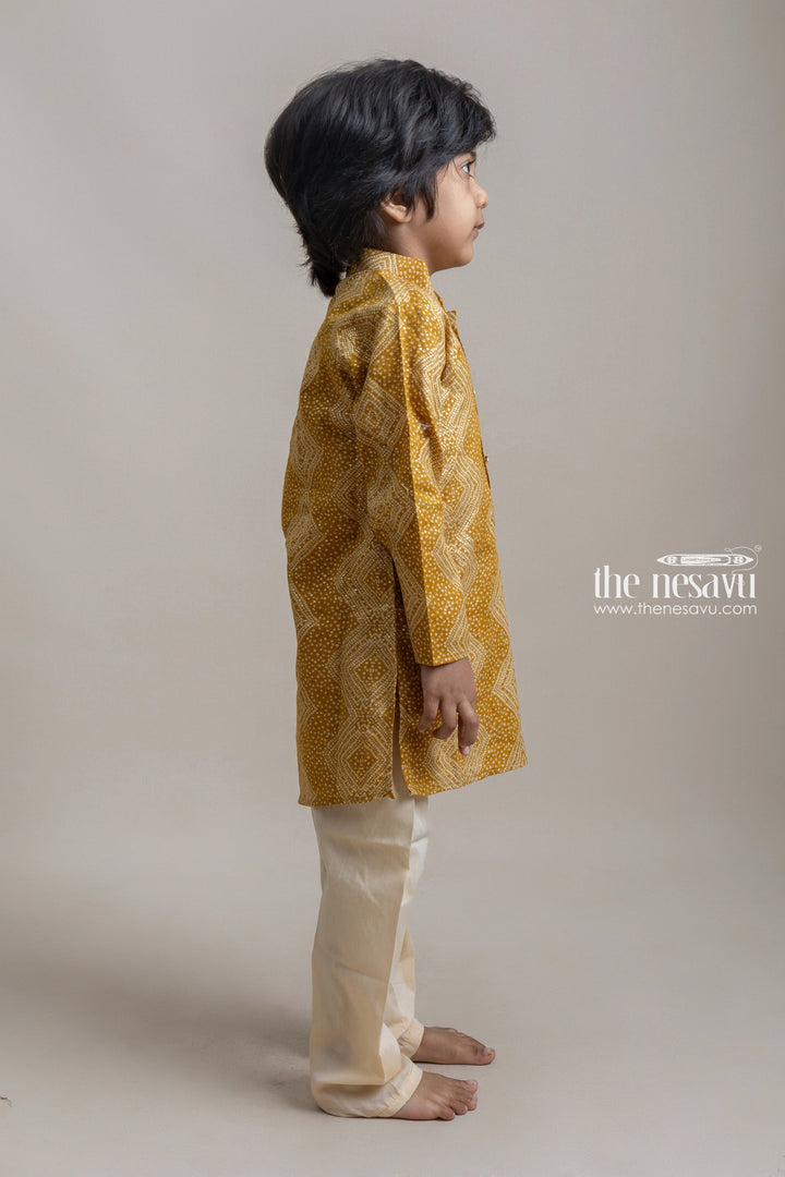 The Nesavu Boys Kurtha Set Pretty Yellow Gold Foil Handblock Printed Ethnic Kurta For Boys Nesavu Ethnic Kurta Set For Boys | Trendy Boys Collection | The Nesavu