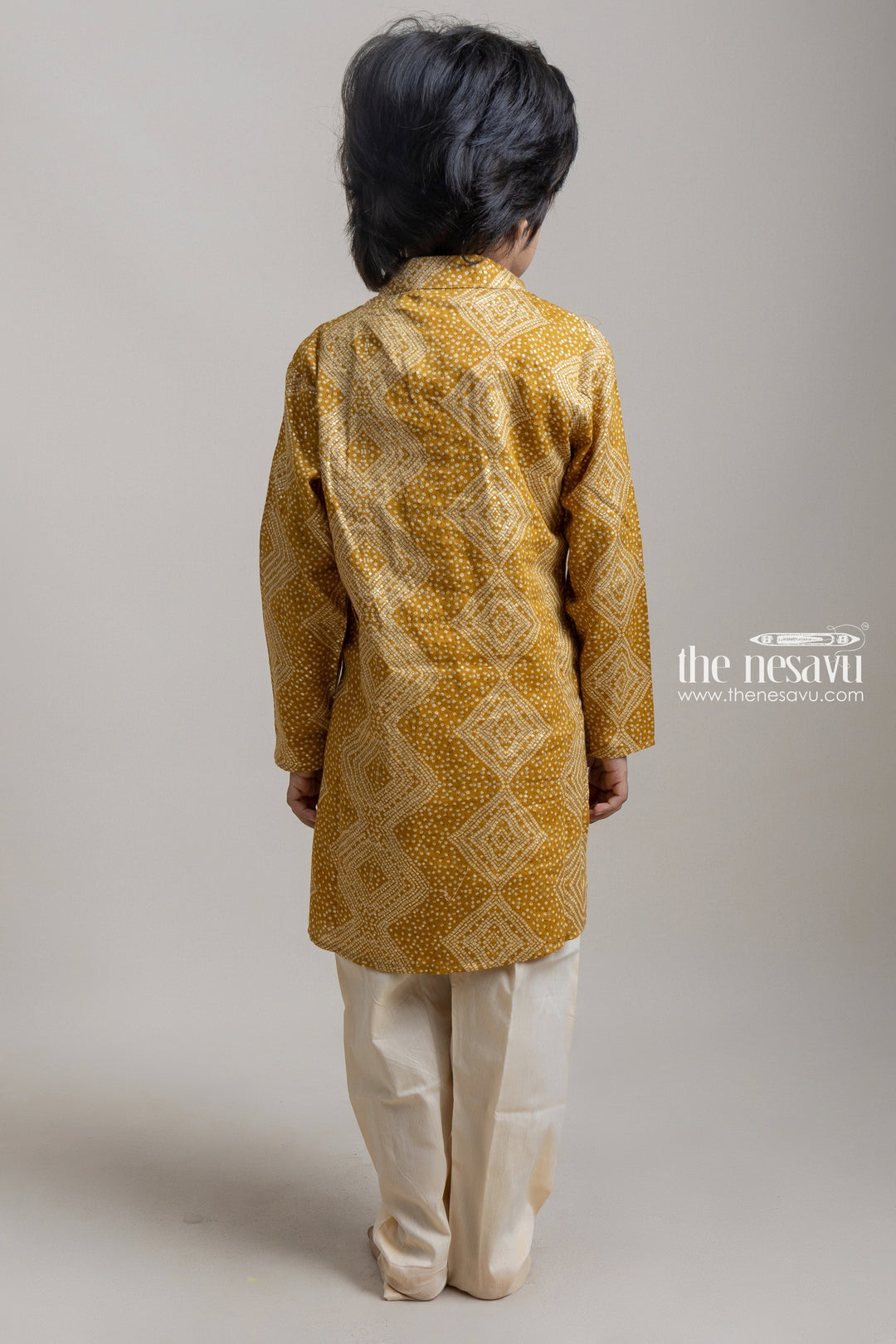 The Nesavu Boys Kurtha Set Pretty Yellow Gold Foil Handblock Printed Ethnic Kurta For Boys Nesavu Ethnic Kurta Set For Boys | Trendy Boys Collection | The Nesavu