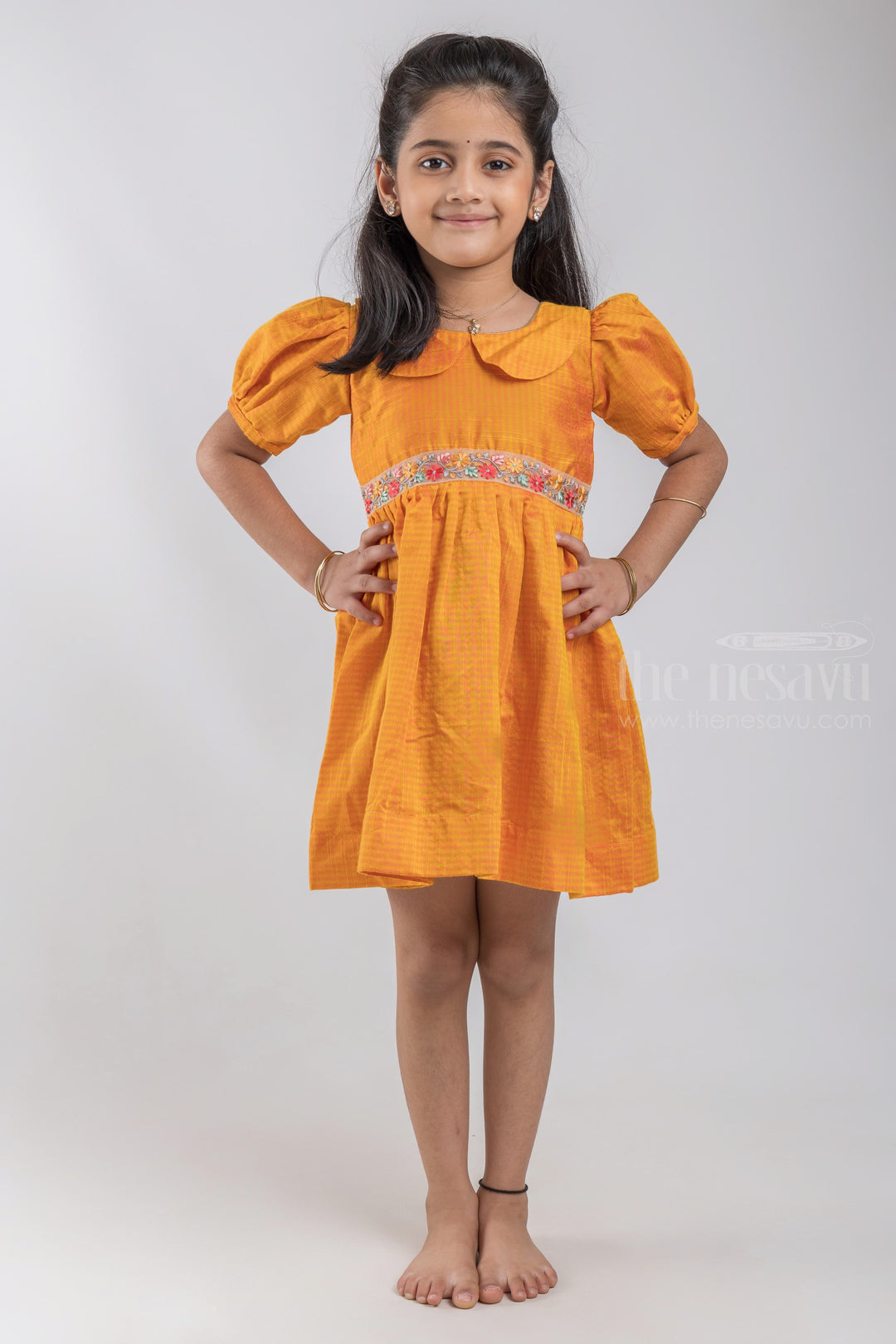 The Nesavu Silk Embroidered Frock Pretty Yellow Modal Silk Frock With Embroidered Waist and Puffed Sleeves For Girls psr silks Nesavu 16 (1Y) / Yellow / Silk Blend GFC1029A