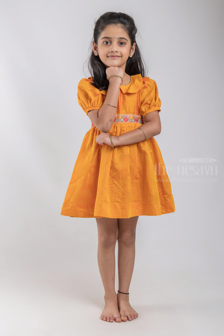 The Nesavu Silk Embroidered Frock Pretty Yellow Modal Silk Frock With Embroidered Waist and Puffed Sleeves For Girls psr silks Nesavu