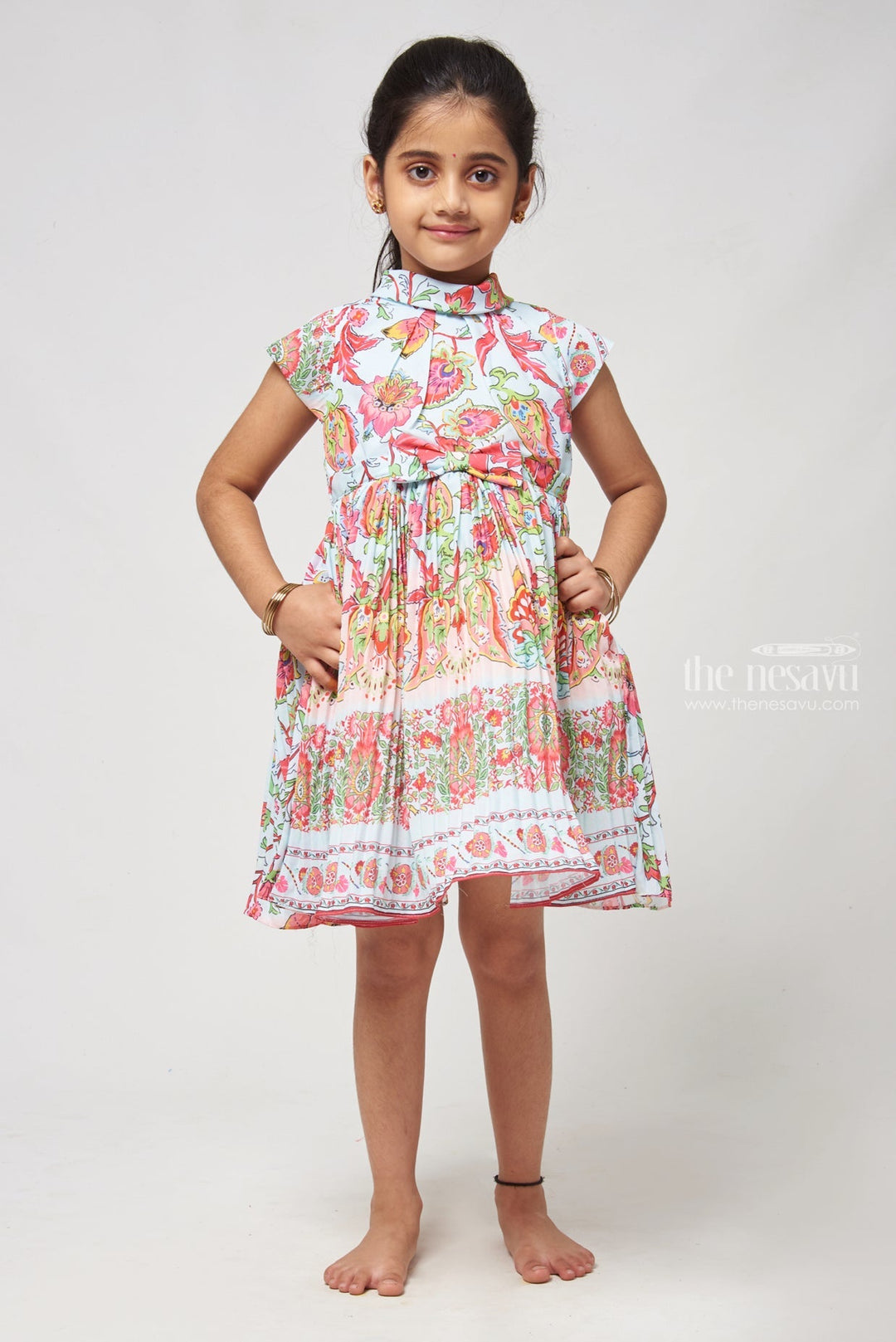 The Nesavu Girls Fancy Frock Princess Cut Flowy Dress with Gathered Skirt and Waistband Detailing Nesavu 16 (1Y) / Blue / Georgette GFC1124A-16 Empire Waist Dress For Kids - Stylish Knee-length For Play Dates | The Nesavu