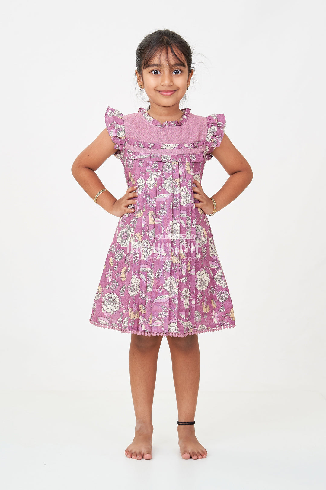 The Nesavu Girls Cotton Frock Princess Short Frock in Mauve Floral Cotton with Ruffled Sleeves and Pleated Detailing Nesavu 22 (4Y) / Purple GFC1727B-22 Nesavu Princess Short Frock Girls Mauve Floral Cotton Pleats Frilled Sleeves