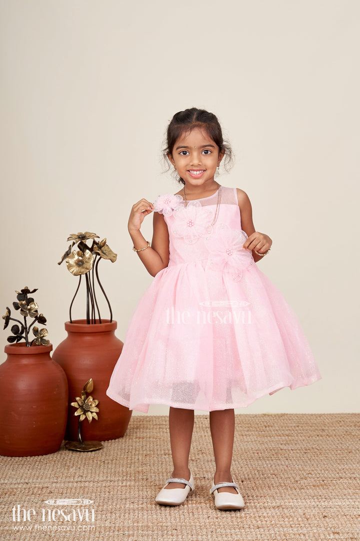 The Nesavu Girls Fancy Party Frock Princess Tulle Frock For Girls Party Dress With Glitter Nesavu 16 (1Y) / Peach PF231A-16 Nesavu Pink Glitter Tulle Party Frock Floral Appliqu Girls Who Love a Princess Look