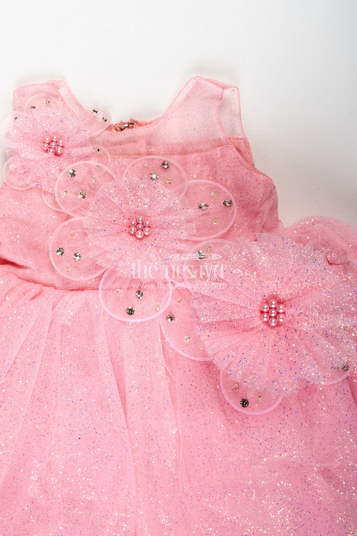 The Nesavu Girls Fancy Party Frock Princess Tulle Frock For Girls Party Dress With Glitter Nesavu Nesavu Pink Glitter Tulle Party Frock Floral Appliqu Girls Who Love a Princess Look
