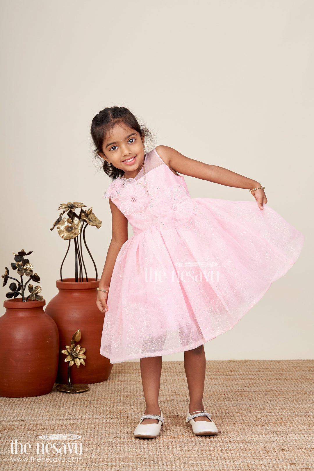 The Nesavu Girls Fancy Party Frock Princess Tulle Frock For Girls Party Dress With Glitter Nesavu Nesavu Pink Glitter Tulle Party Frock Floral Appliqu Girls Who Love a Princess Look