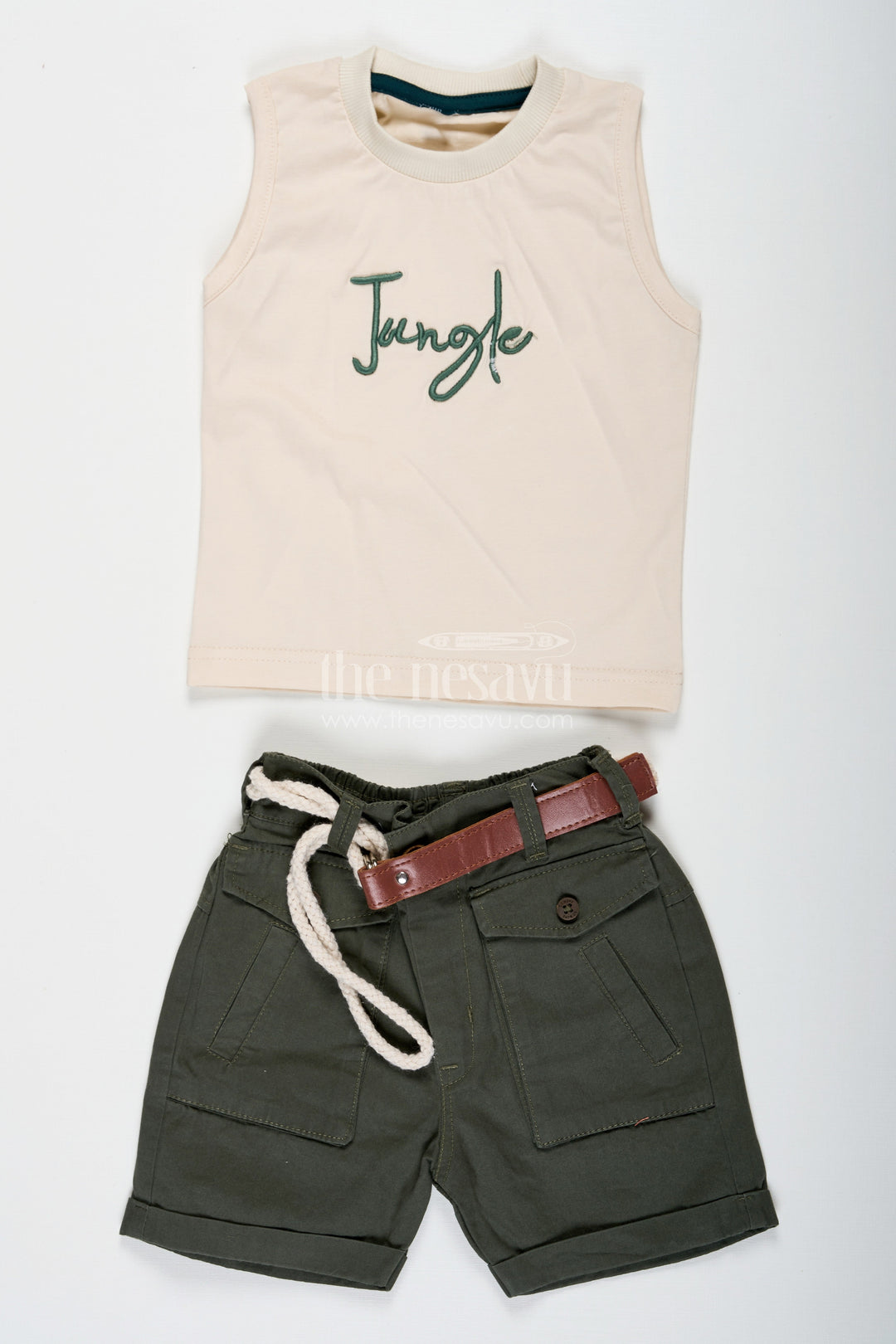 The Nesavu Boys Casual Set Print Shirt Set for Boys in Jungle-Themed Muslin Cotton with Graphic Tank Top and Olive Shorts Nesavu Nesavu Print Shirt Boys Set with Jungle Graphic Tank Top Muslin Cotton Shirt and Olive Shorts