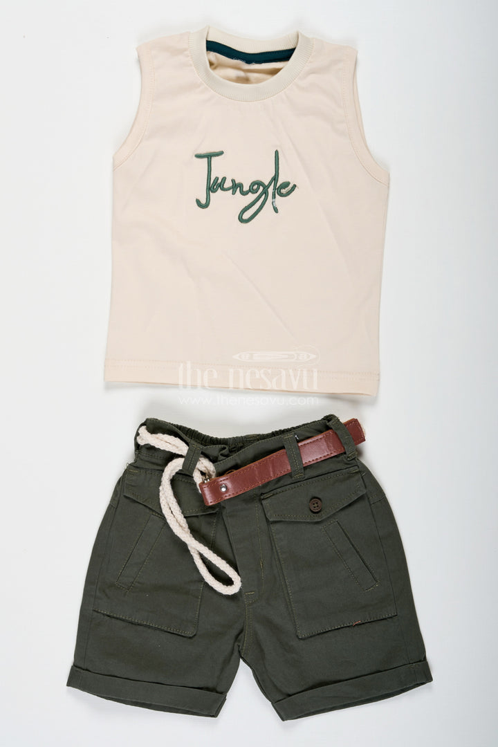 The Nesavu Boys Casual Set Print Shirt Set for Boys in Jungle-Themed Muslin Cotton with Graphic Tank Top and Olive Shorts Nesavu Nesavu Print Shirt Boys Set with Jungle Graphic Tank Top Muslin Cotton Shirt and Olive Shorts