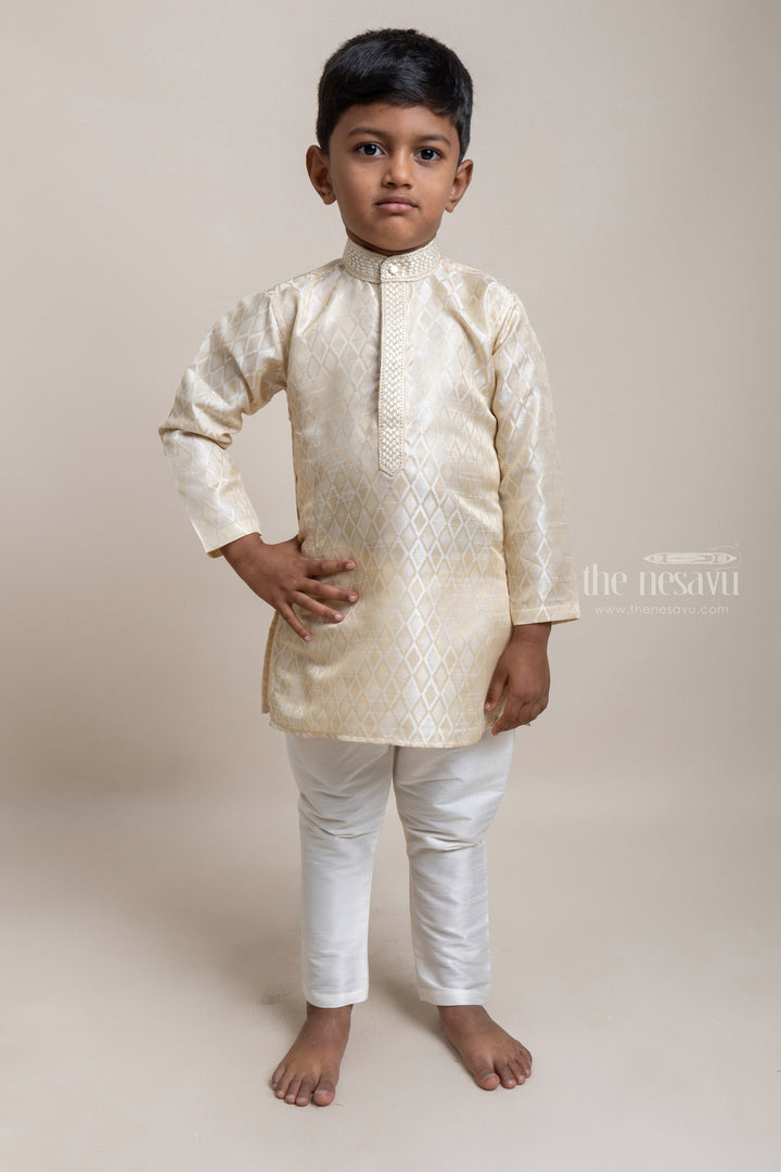 The Nesavu Boys Kurtha Set Printed Beige Kurta With Embellished Collar And White Pant For Boys Nesavu 16 (1Y) / Beige / Silk Blend BES262B Festive Wear Kurta Collection 2023| Fresh Collection| The Nesavu