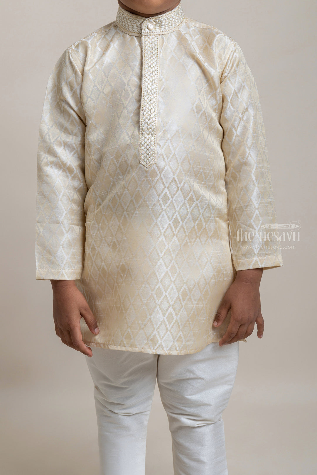 The Nesavu Boys Kurtha Set Printed Beige Kurta With Embellished Collar And White Pant For Boys Nesavu Festive Wear Kurta Collection 2023| Fresh Collection| The Nesavu