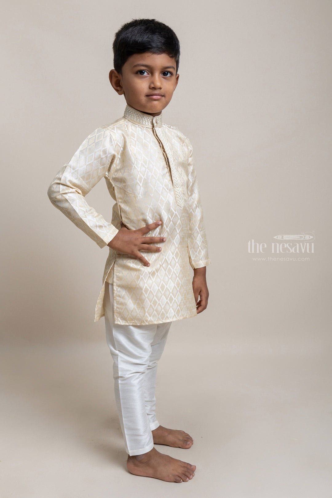 The Nesavu Boys Kurtha Set Printed Beige Kurta With Embellished Collar And White Pant For Boys Nesavu Festive Wear Kurta Collection 2023| Fresh Collection| The Nesavu