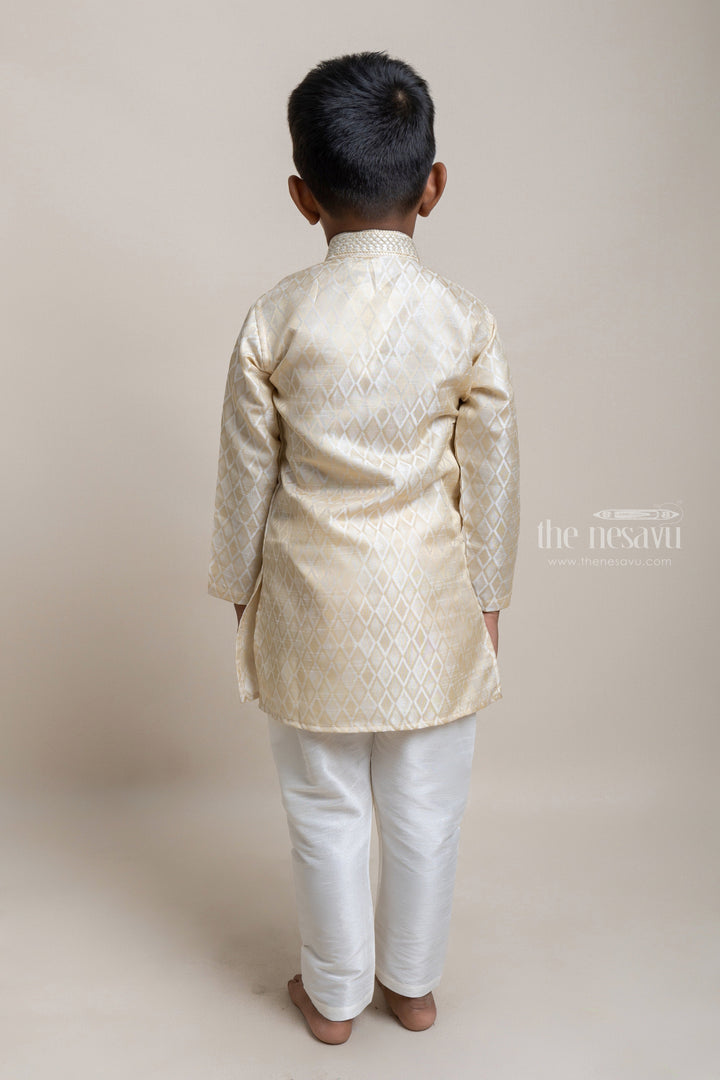 The Nesavu Boys Kurtha Set Printed Beige Kurta With Embellished Collar And White Pant For Boys Nesavu Festive Wear Kurta Collection 2023| Fresh Collection| The Nesavu