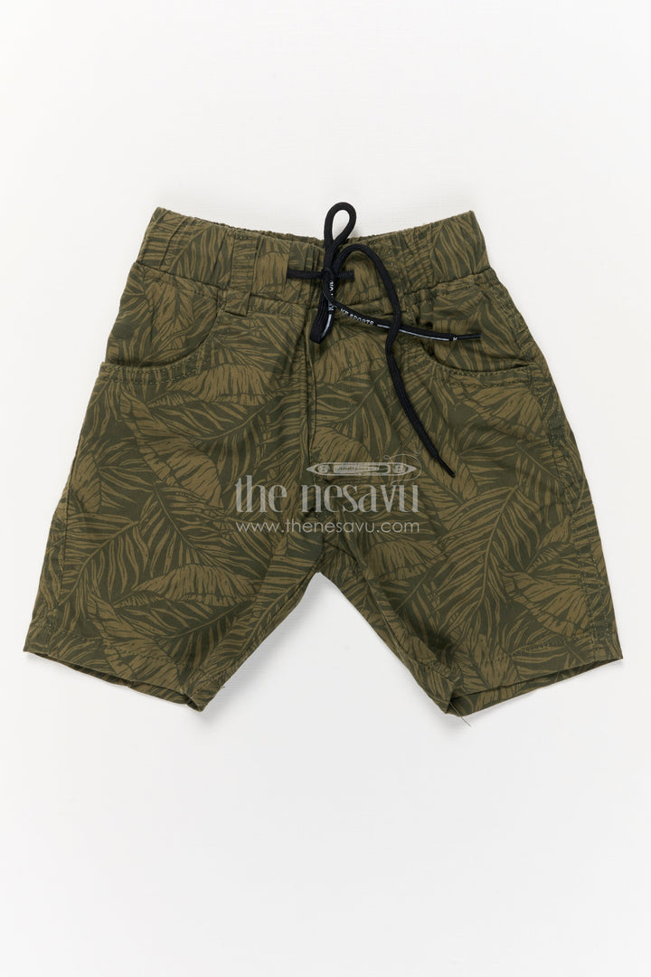 The Nesavu Boys Shorts Printed Boys Cotton Shorts with Drawstring and Leaf Pattern Nesavu 14 (6M) / Green / Cotton BWS067A-14 Boys cotton printed shorts with tropical leaf pattern and elastic waistband