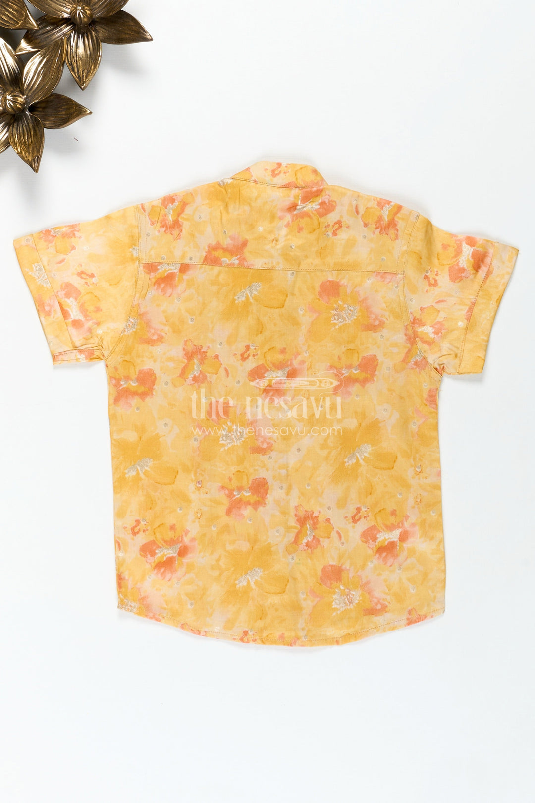 The Nesavu Boys Silk Shirt Printed Cotton Shirt for Kids in Yellow Moadal Silk with Artistic Digital Floral Pattern and Mandarin Collar Nesavu Nesavu Yellow Printed Cotton Shirt Kids Moadal Silk Floral Digital Pattern Stylish Collar