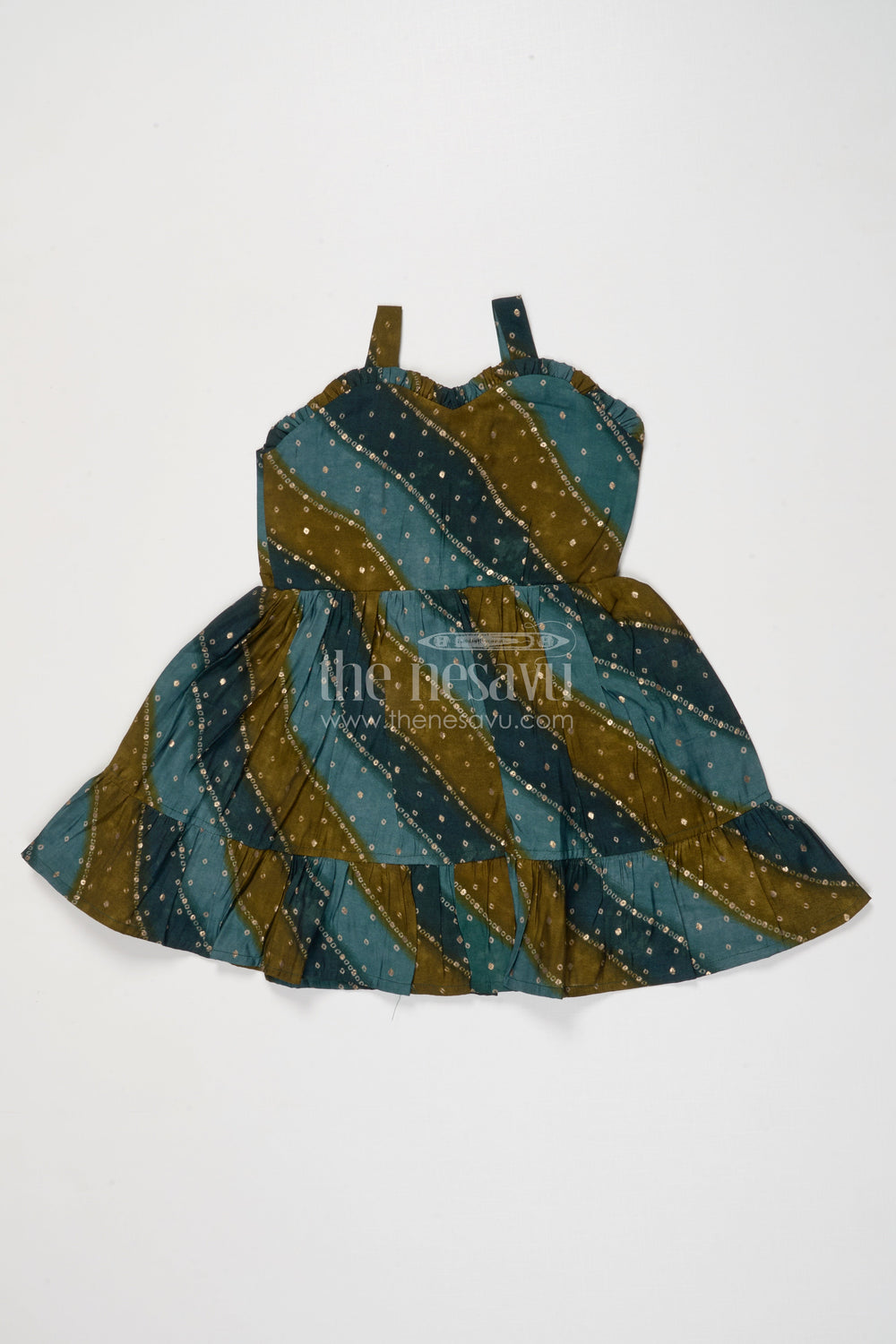 The Nesavu Girls Cotton Frock Printed Frock for Toddler Girls with Straps and Festive Flair Nesavu 18 (2Y) / Green GFC2023B-18 Nesavu printed viscose frock for toddler girls with flared silhouette and ethnic charm