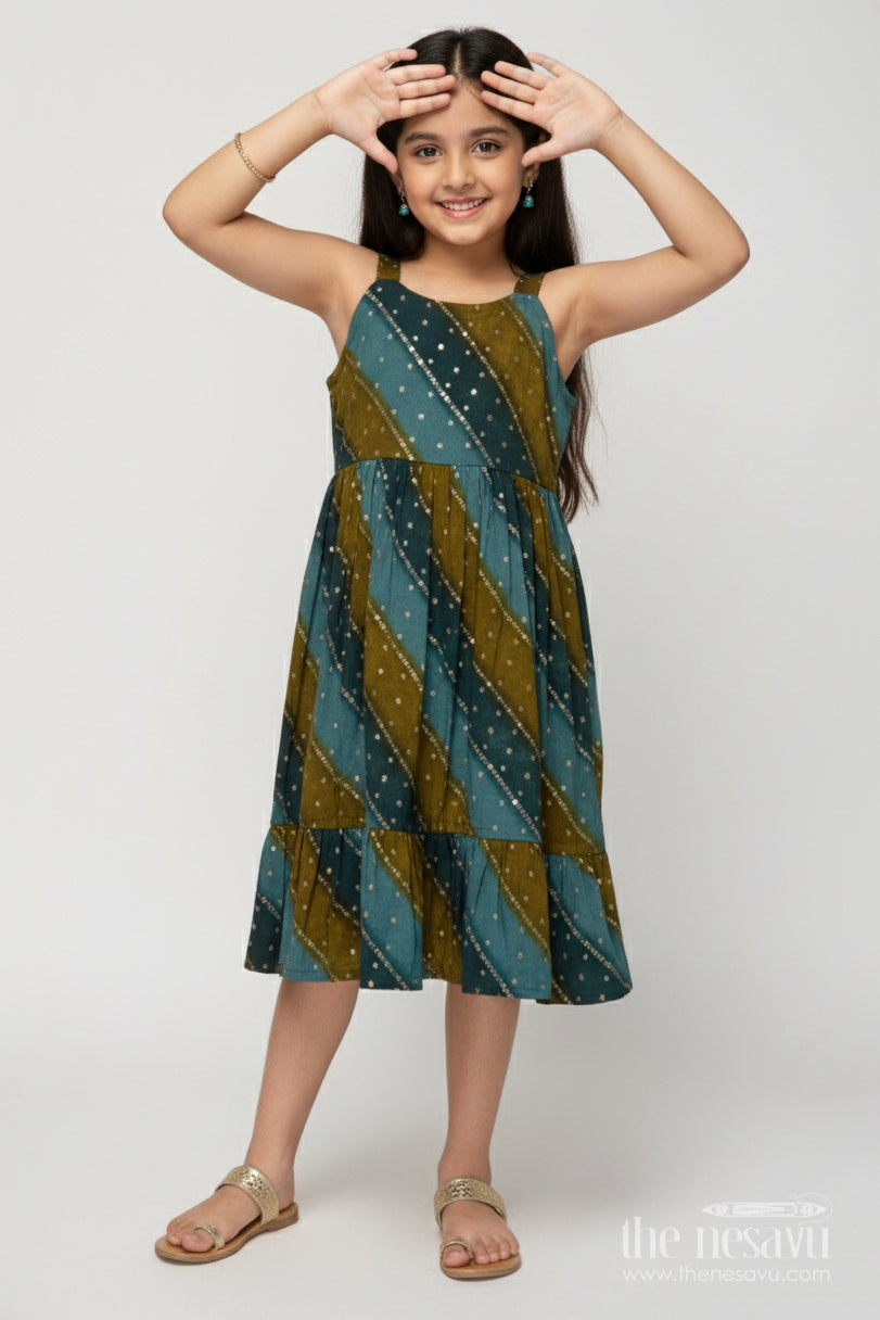 The Nesavu Girls Cotton Frock Printed Frock for Toddler Girls with Straps and Festive Flair Nesavu 18 (2Y) / Green GFC2023B-18 Nesavu printed viscose frock for toddler girls with flared silhouette and ethnic charm