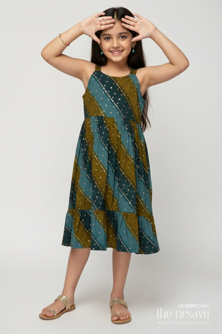 The Nesavu Girls Cotton Frock Printed Frock for Toddler Girls with Straps and Festive Flair Nesavu 18 (2Y) / Green GFC2023B-18 Nesavu printed viscose frock for toddler girls with flared silhouette and ethnic charm