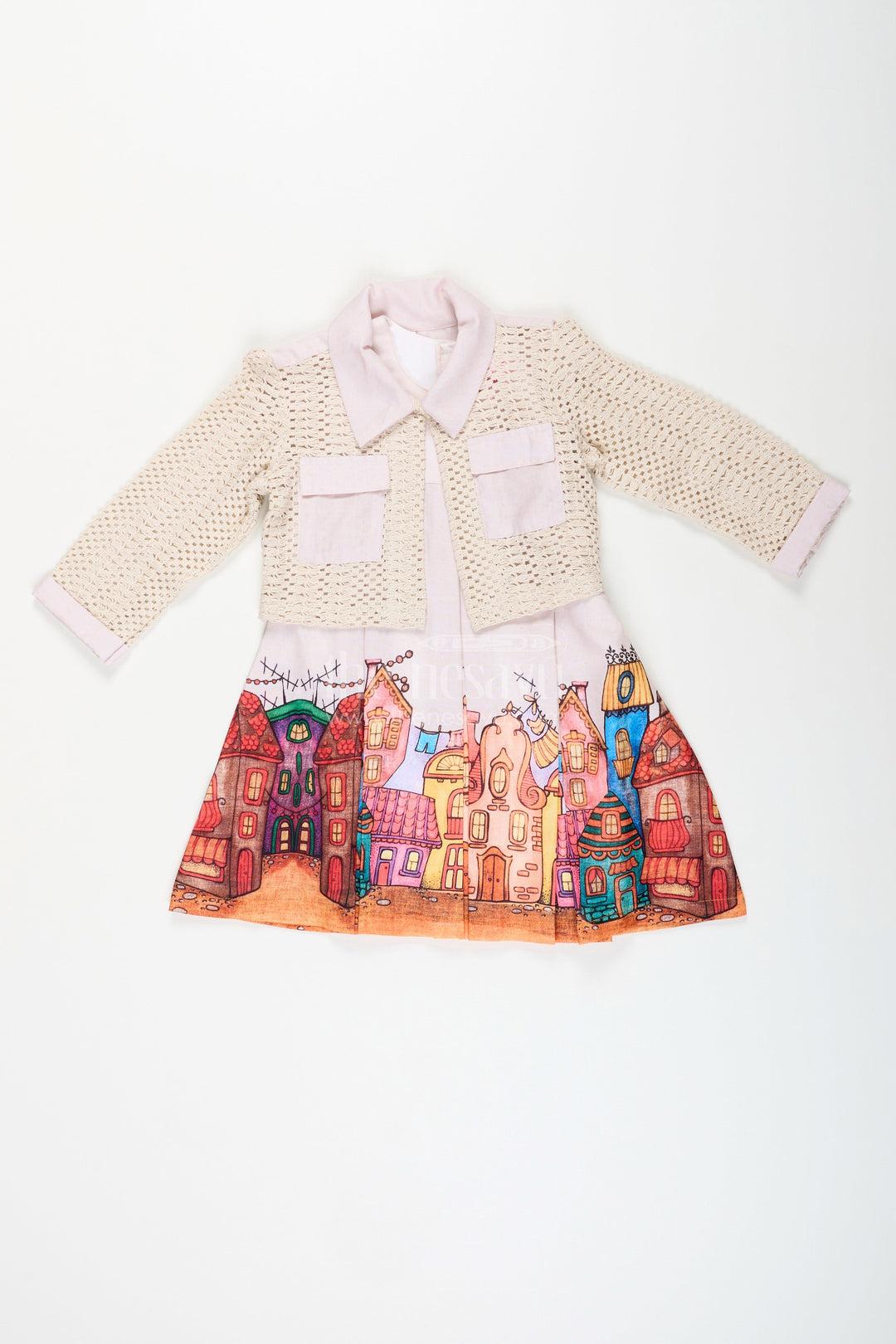 The Nesavu Printed frock with jacket set for toddler girls for festive gatherings Nesavu Nesavu toddler girl frock printed skirt jacket festive events winter occasions