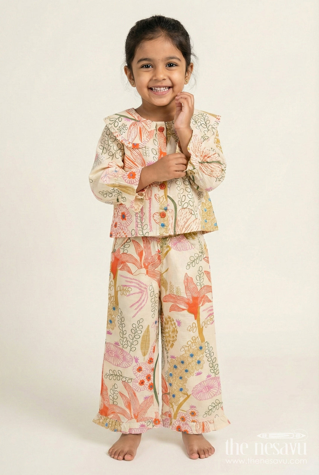 The Nesavu Girls Co-Ord Sets Printed Girls Co-Ord Set with Crop Top and Skirt for Day Outings Nesavu 18 (2Y) / Orange GPS798B-18 Nesavu girls digital printed cotton co-ord set skirt top perfect summer holidays fun days out