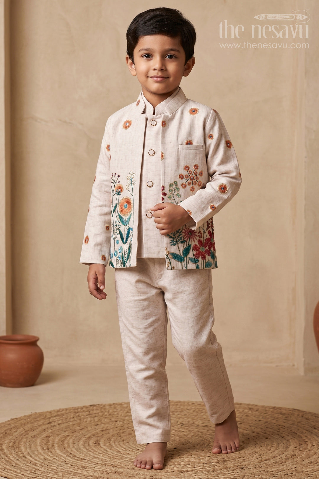The Nesavu Boys Kurtha Set Printed Jacket Set for Boys for Family Outings and Everyday Ethnic Wear Nesavu 16 (1Y) / Half white / Cotton BES1000A-16 Nesavu Printed Boys Kurta Set For Everyday Ethnic Wear And Family Outings With Cotton Digital Print Outfit