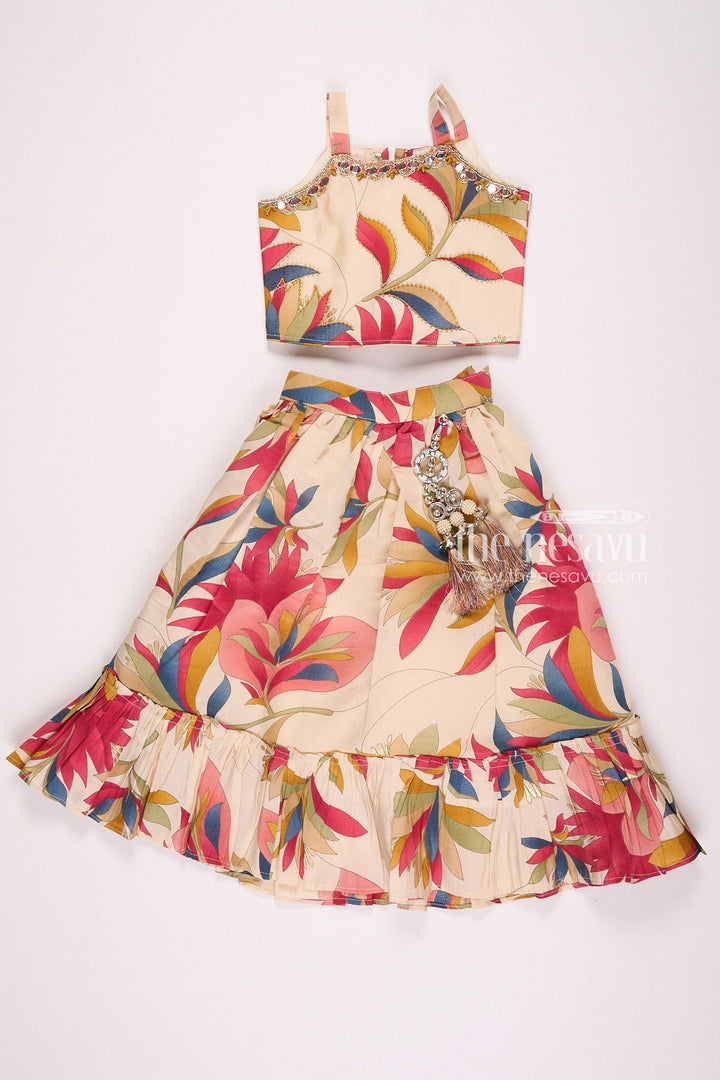 The Nesavu Girls Lehenga Choli Printed Modal Silk Casual Lehenga Choli for Girls Nesavu 16 (1Y) / Beige GL449A-16 Printed Modal Silk Casual Lehenga Choli for Girls - Soft & Stylish