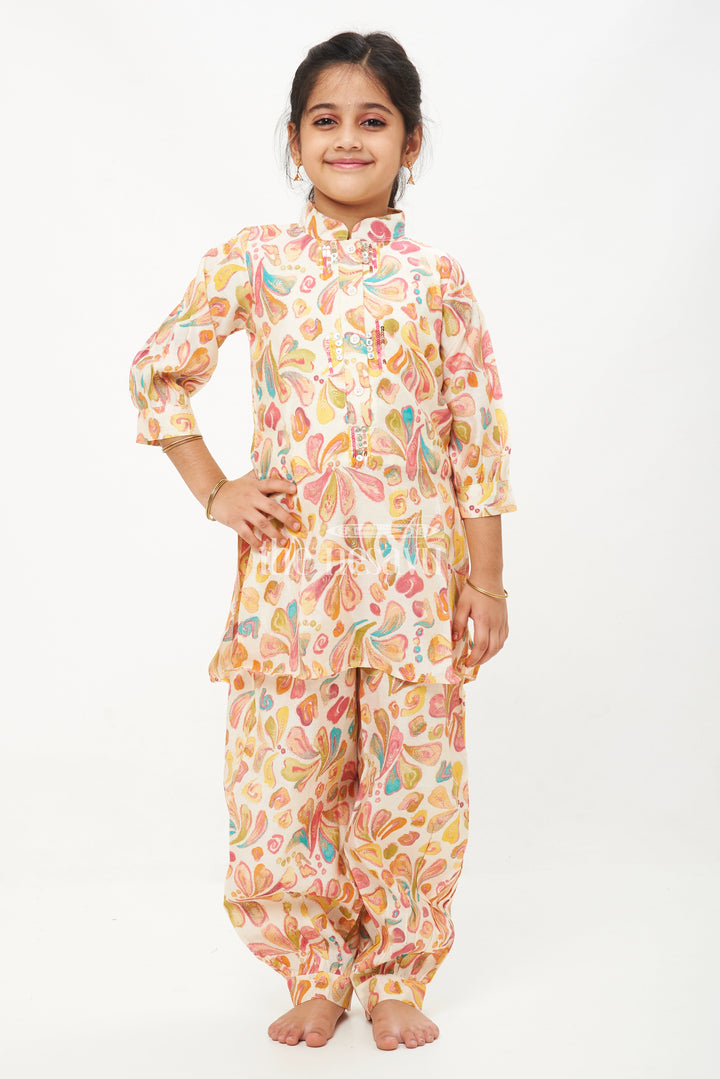 The Nesavu Girls Sharara / Plazo Set Printed Modal Silk Kurta Set with Chinese Collar and Harem Pants for Girls Nesavu 24 (5Y) / multicolor GPS338A-24 Printed Modal Silk Kurta Set with Harem Pants for Girls