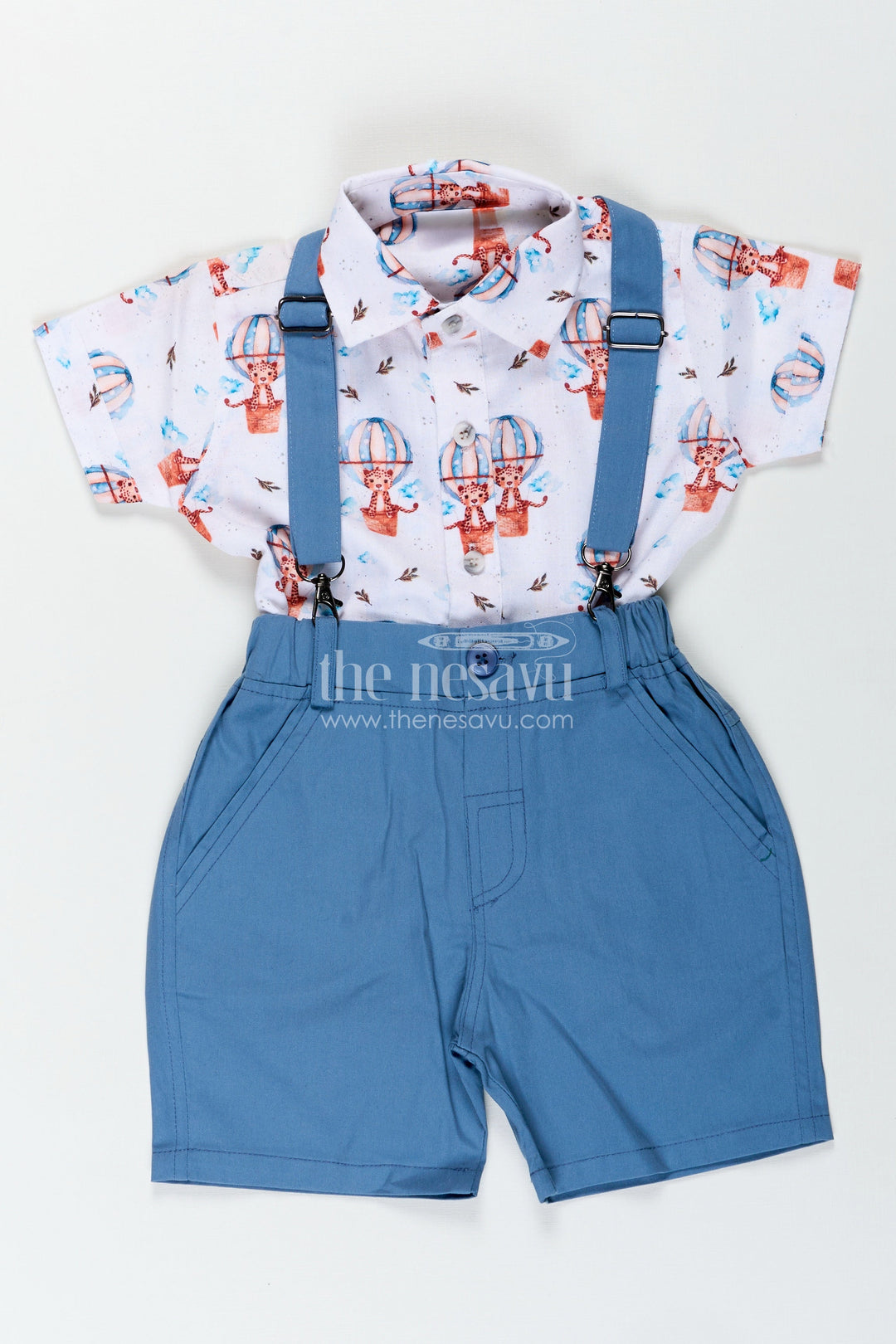The Nesavu Boys Casual Set Printed Shirt and Shorts Set for Boys in Cotton with Digital Balloon Print and Coordinated Bow Tie Nesavu 14 (6M) / Blue BCS316A-14 Nesavu Boys Printed Shirt Shorts Set Digital Balloon Print Matching Blue Bow Tie