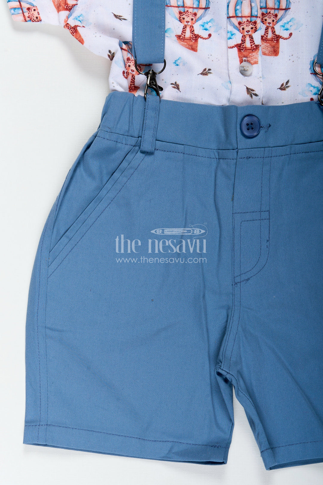 The Nesavu Boys Casual Set Printed Shirt and Shorts Set for Boys in Cotton with Digital Balloon Print and Coordinated Bow Tie Nesavu Nesavu Boys Printed Shirt Shorts Set Digital Balloon Print Matching Blue Bow Tie