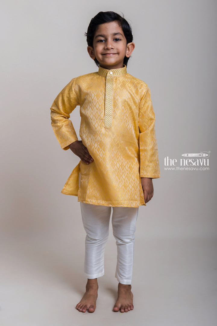 The Nesavu Boys Kurtha Set Printed Yellow Kurta With Designer Collar And White Pant For Lil' Boys Nesavu 16 (1Y) / Yellow / Silk Blend BES262A-16 Designer Yellow Kurta Set For Boys| Ethnic Wear Dresses| The Nesavu