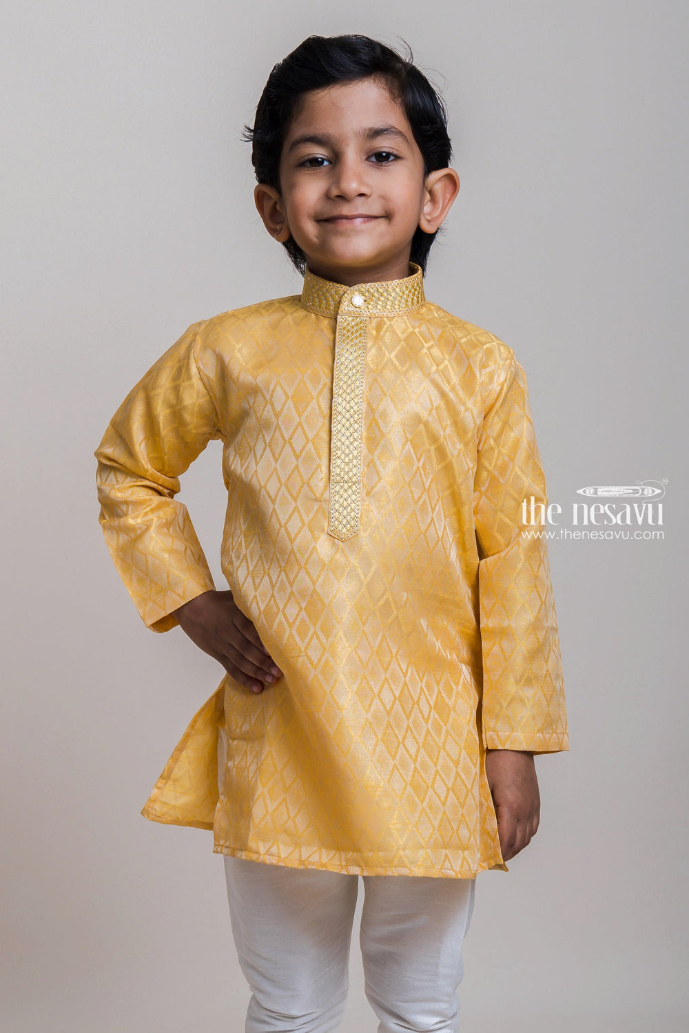 The Nesavu Boys Kurtha Set Printed Yellow Kurta With Designer Collar And White Pant For Lil' Boys Nesavu Designer Yellow Kurta Set For Boys| Ethnic Wear Dresses| The Nesavu