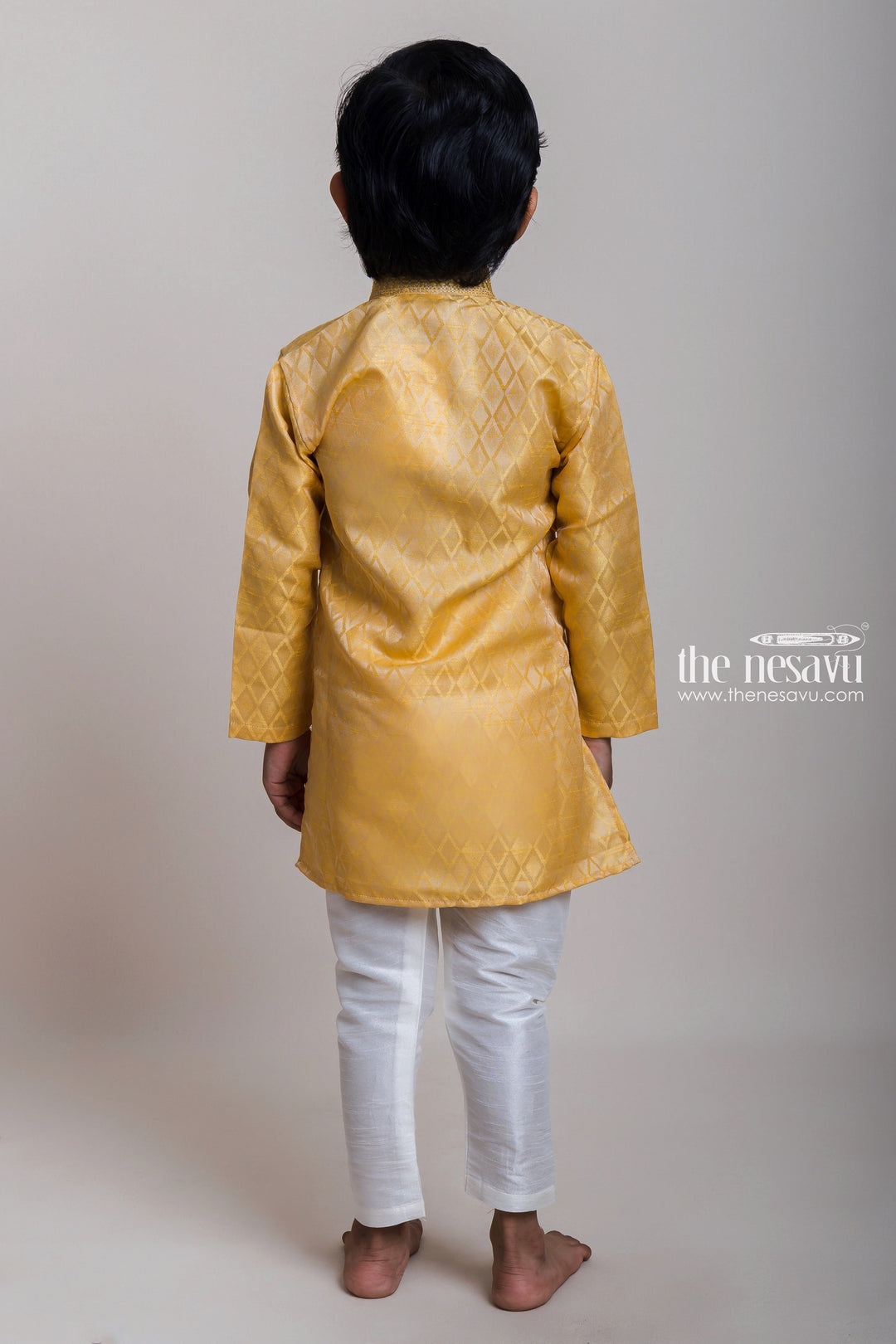 The Nesavu Boys Kurtha Set Printed Yellow Kurta With Designer Collar And White Pant For Lil' Boys Nesavu Designer Yellow Kurta Set For Boys| Ethnic Wear Dresses| The Nesavu