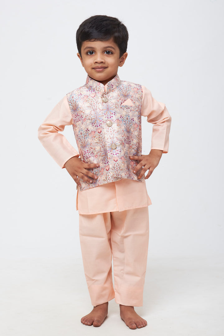 The Nesavu Boys Jacket Sets Pristine Petals: Boys' Kurta with Iridescent Floral Overcoat Jacket and Pant Set Nesavu 12 (3M) / Pink / Modal BES419A-12 Classic Charm with a Twist | Boys Kurta, Overcoat Jacket & Pant Combo | The Nesavu