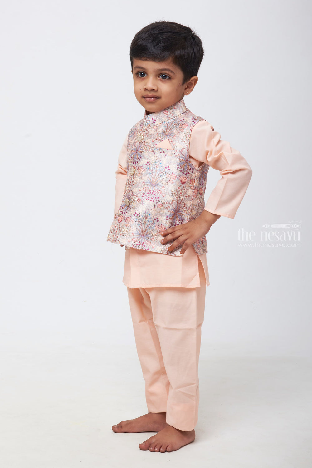 The Nesavu Boys Jacket Sets Pristine Petals: Boys' Kurta with Iridescent Floral Overcoat Jacket and Pant Set Nesavu Classic Charm with a Twist | Boys Kurta, Overcoat Jacket & Pant Combo | The Nesavu