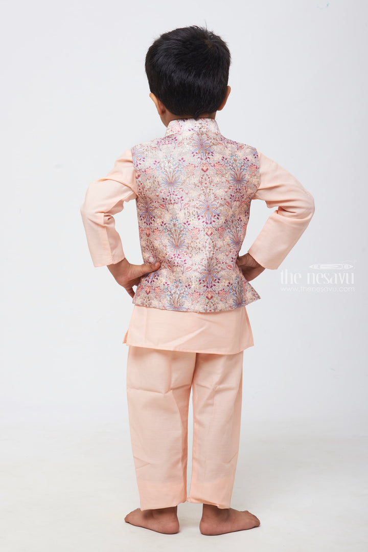 The Nesavu Boys Jacket Sets Pristine Petals: Boys' Kurta with Iridescent Floral Overcoat Jacket and Pant Set Nesavu Classic Charm with a Twist | Boys Kurta, Overcoat Jacket & Pant Combo | The Nesavu