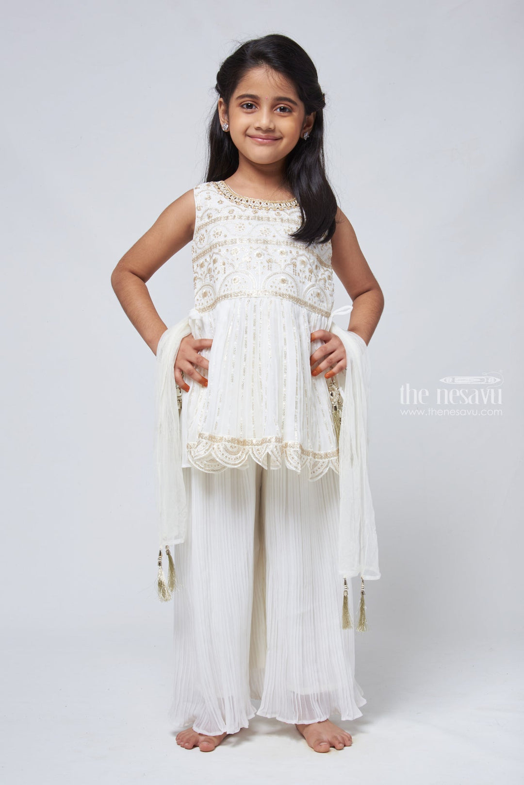 The Nesavu Sets & Suits Pristine Sequins Embroidered White Peplum Kurti paired with Palazzo: Timeless Ethnic Elegance for Girls. Nesavu 16 (1Y) / White GPS157B-16 New Arrival Kurti with Palazzo set | Girls Premium collections | The Nesavu