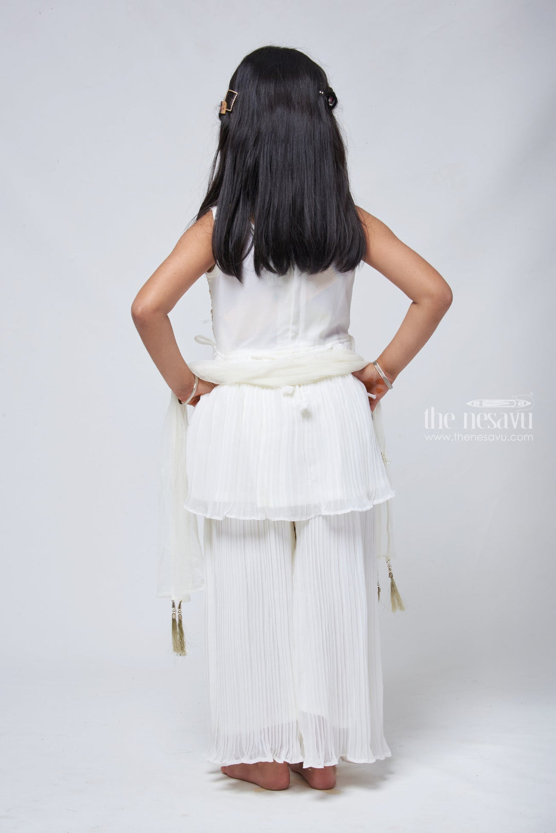 The Nesavu Sets & Suits Pristine Sequins Embroidered White Peplum Kurti paired with Palazzo: Timeless Ethnic Elegance for Girls. Nesavu New Arrival Kurti with Palazzo set | Girls Premium collections | The Nesavu