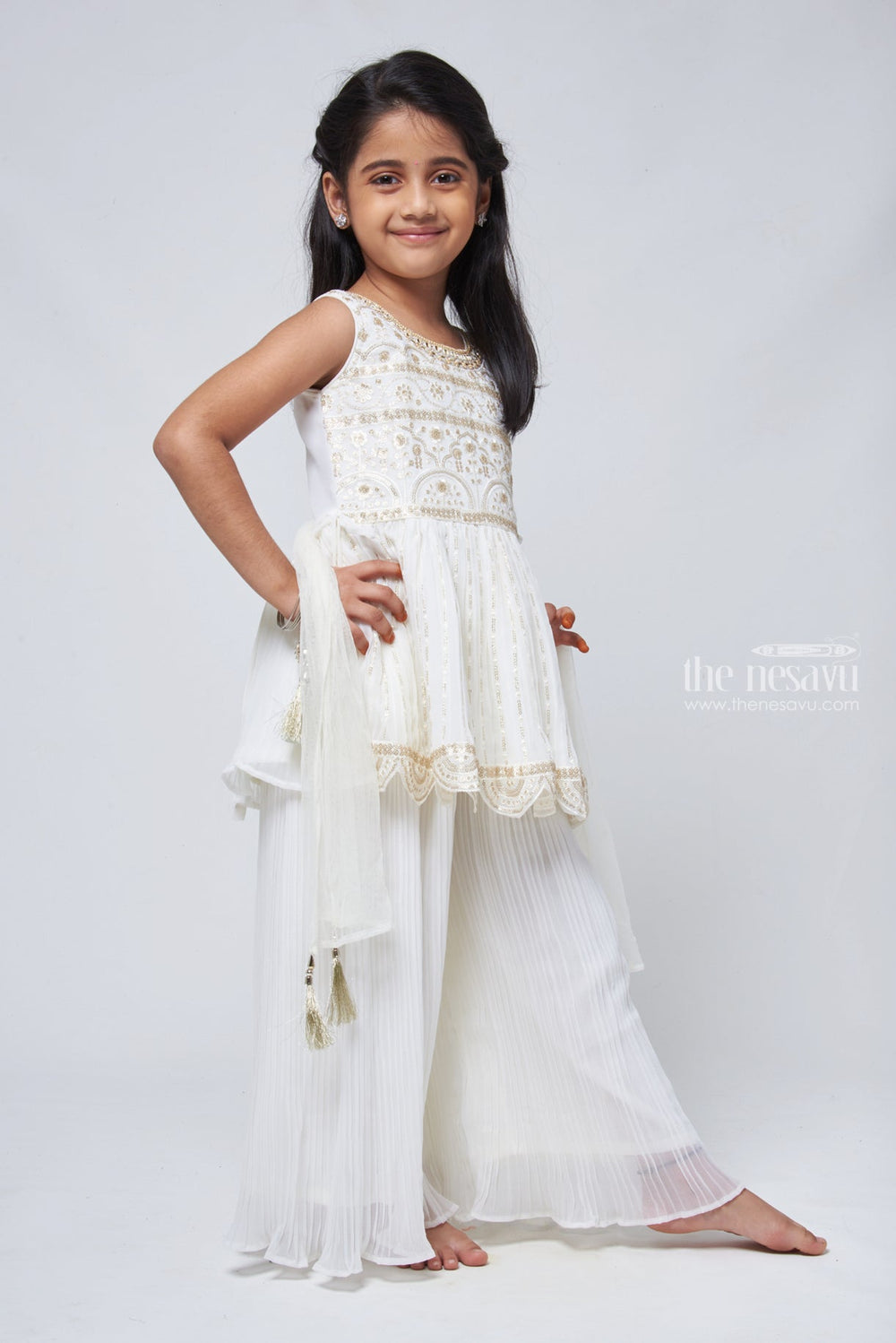 The Nesavu Sets & Suits Pristine Sequins Embroidered White Peplum Kurti paired with Palazzo: Timeless Ethnic Elegance for Girls. Nesavu New Arrival Kurti with Palazzo set | Girls Premium collections | The Nesavu