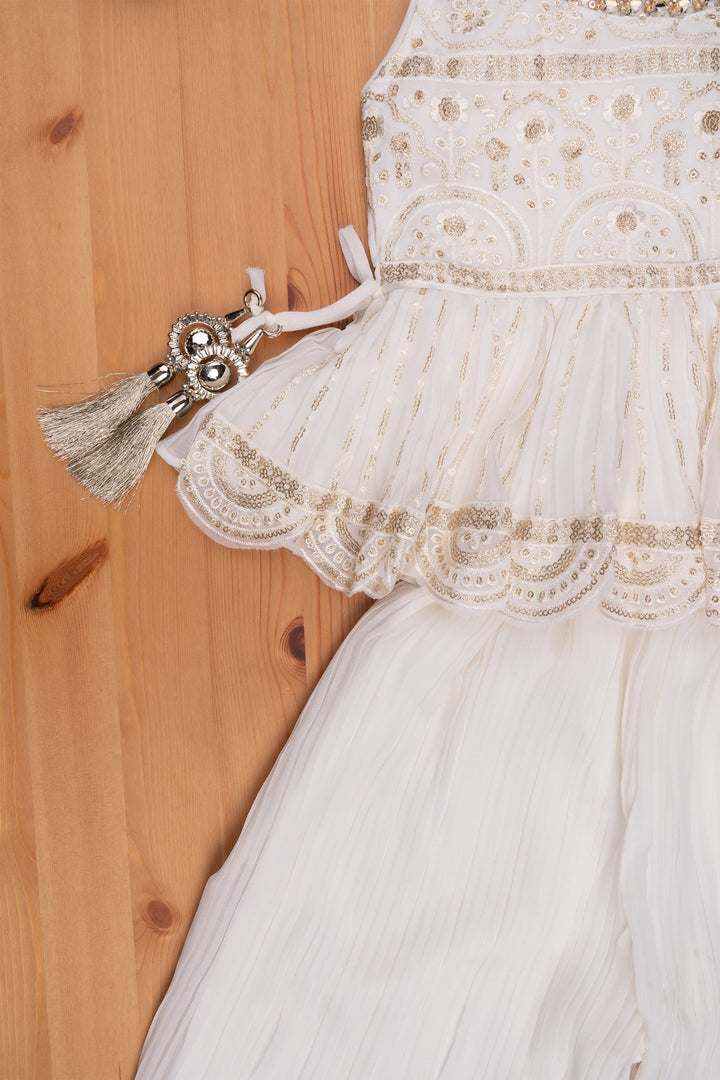 The Nesavu Sets & Suits Pristine Sequins Embroidered White Peplum Kurti paired with Palazzo: Timeless Ethnic Elegance for Girls. Nesavu New Arrival Kurti with Palazzo set | Girls Premium collections | The Nesavu