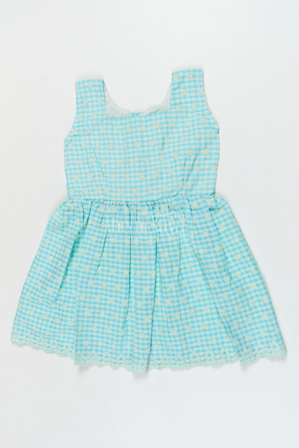 The Nesavu Girls Cotton Frock Pure Cotton Checked Frock for Girls with Delicate Chikankari Embroidery Nesavu 18 (2Y) / Blue / style 1 GFC2080AA-18 Nesavu pure cotton girls frock with gingham checks and chikankari-style floral embroidery