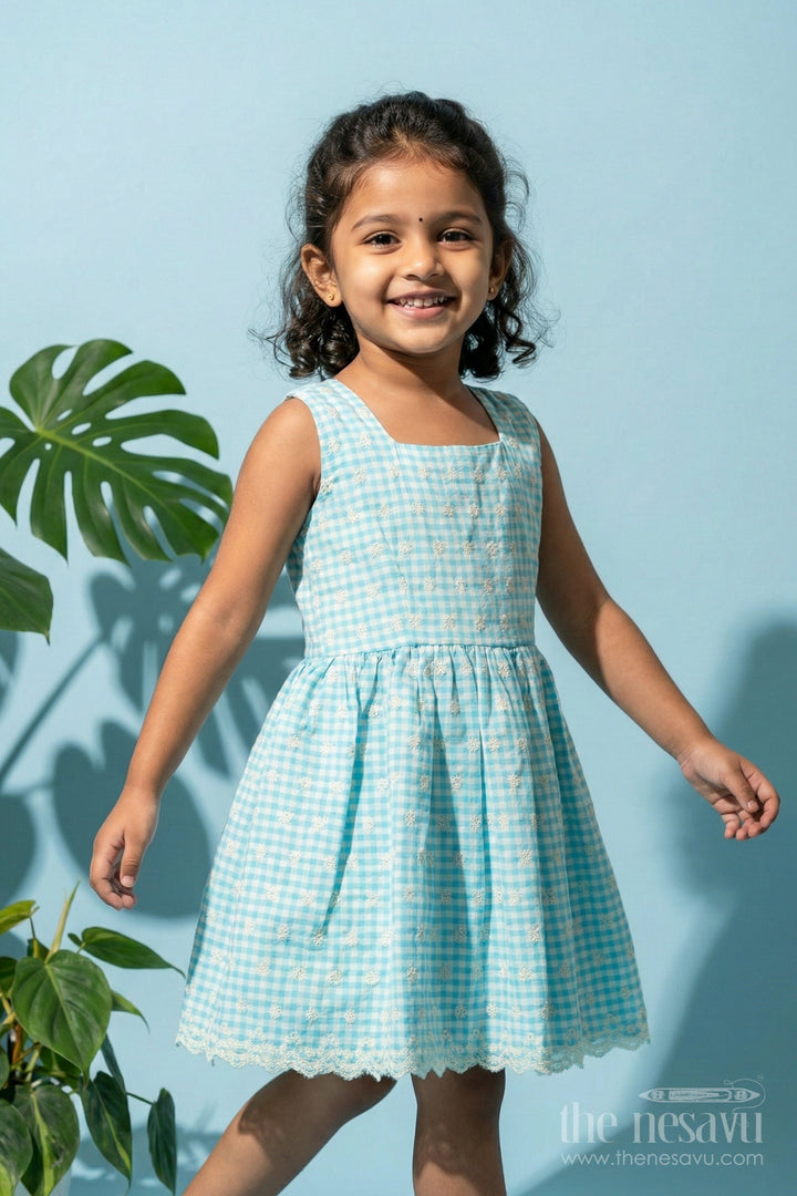 The Nesavu Girls Cotton Frock Pure Cotton Checked Frock for Girls with Delicate Chikankari Embroidery Nesavu Nesavu pure cotton girls frock with gingham checks and chikankari-style floral embroidery