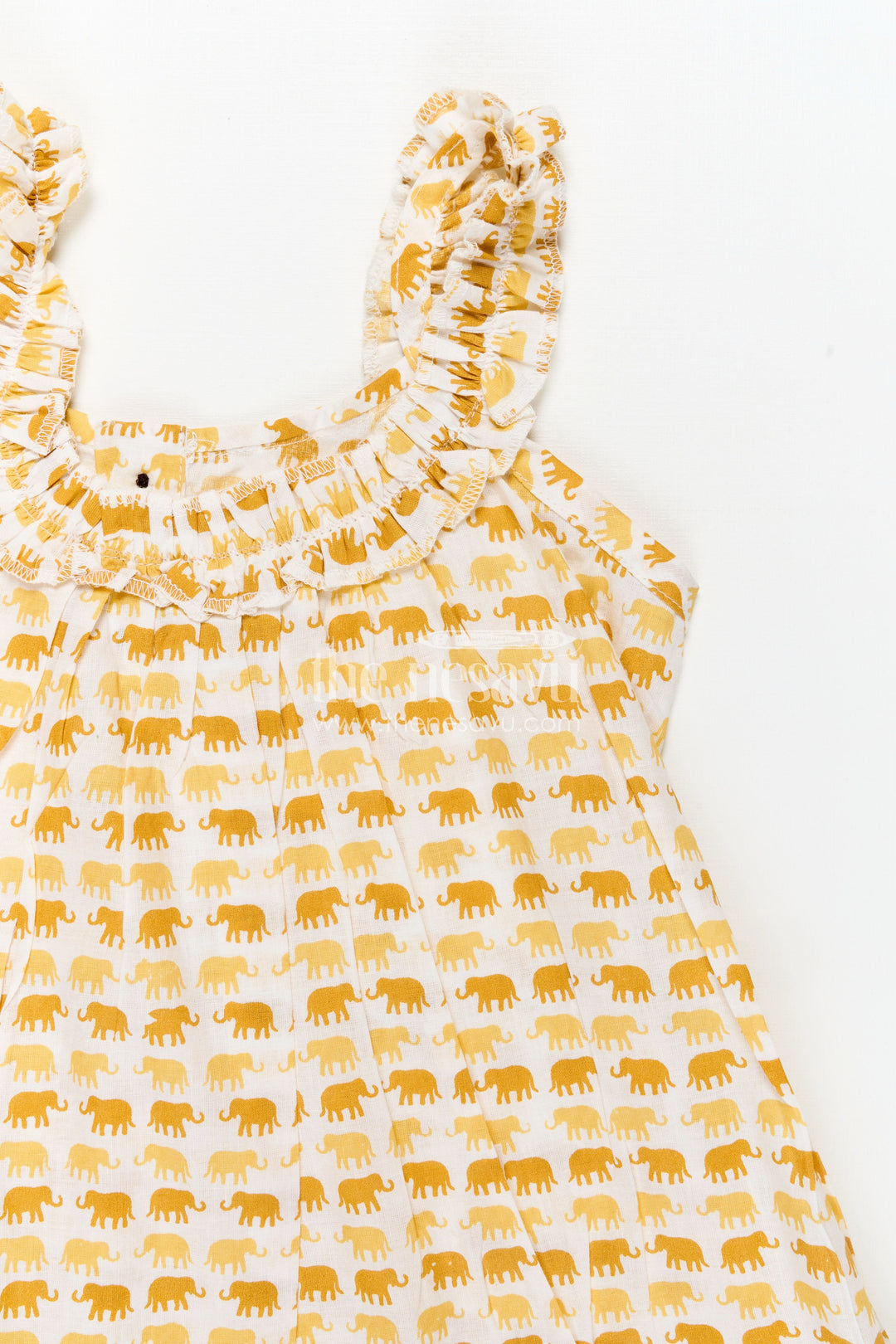 The Nesavu Girls Cotton Frock Pure Cotton Frock for Girls with Hand Block Geometric Print and Frill Detail in Sunshine Yellow Nesavu Nesavu Pure Cotton Frock Girls Yellow Geometric Hand Block Print Soft Frill Hem