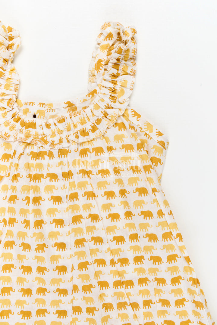 The Nesavu Girls Cotton Frock Pure Cotton Frock for Girls with Hand Block Geometric Print and Frill Detail in Sunshine Yellow Nesavu Nesavu Pure Cotton Frock Girls Yellow Geometric Hand Block Print Soft Frill Hem