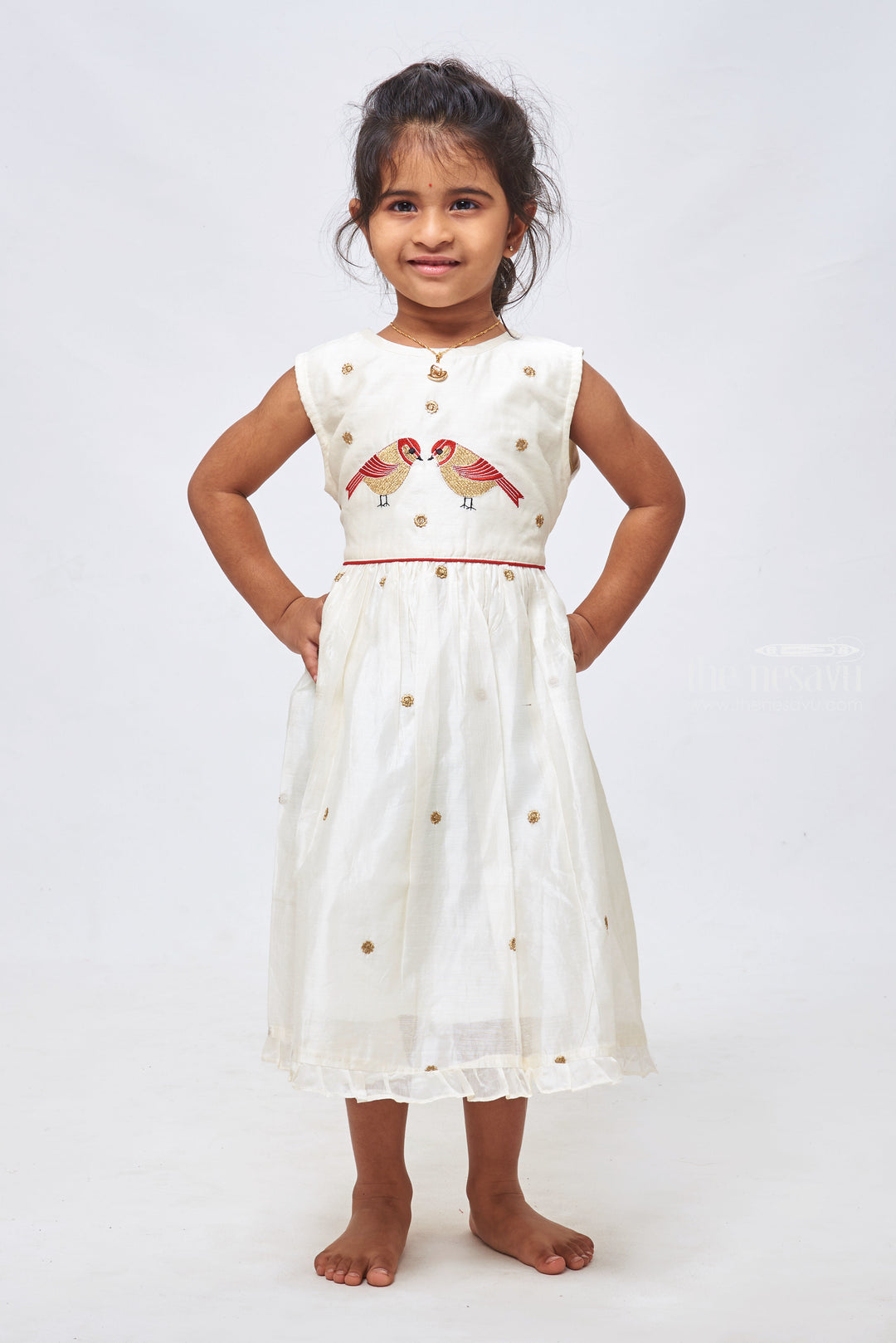 The Nesavu Girls Cotton Frock Pure White Delight: Resham Embroidered Sleeveless Chanderi Frock for Girls Nesavu 16 (1Y) / White / Chanderi GFC1141A-16 Elegant Resham Embroidered White Chanderi Frock | Perfect for Special Occasions | the Nesavu