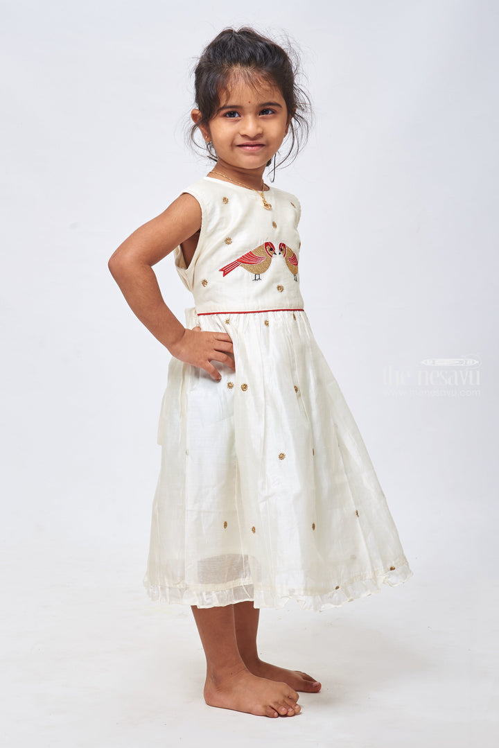 The Nesavu Girls Cotton Frock Pure White Delight: Resham Embroidered Sleeveless Chanderi Frock for Girls Nesavu Elegant Resham Embroidered White Chanderi Frock | Perfect for Special Occasions | the Nesavu