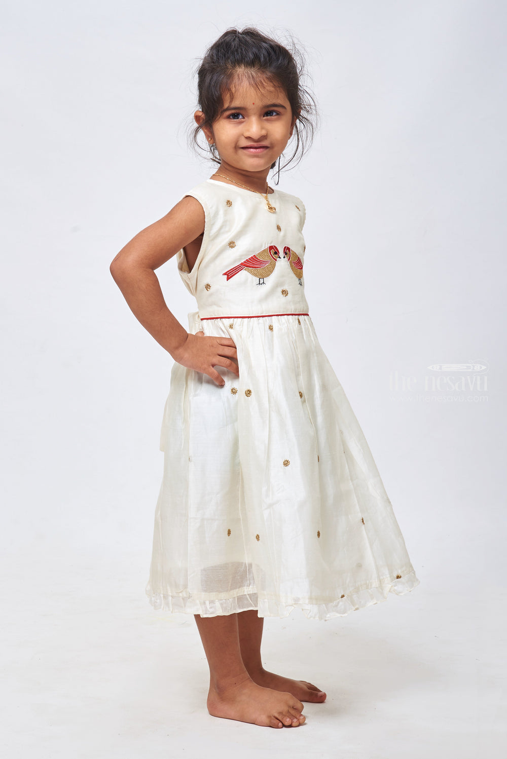 The Nesavu Girls Cotton Frock Pure White Delight: Resham Embroidered Sleeveless Chanderi Frock for Girls Nesavu Elegant Resham Embroidered White Chanderi Frock | Perfect for Special Occasions | the Nesavu