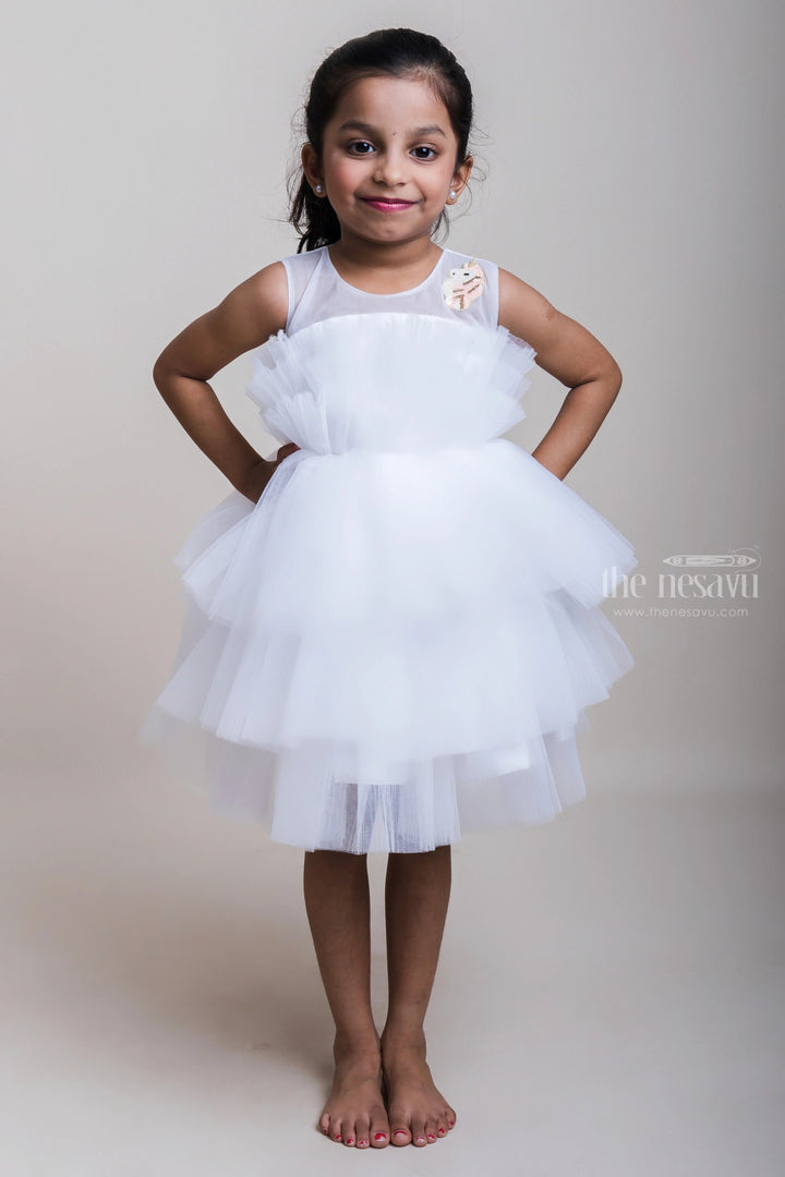 The Nesavu Party Frock Pure White Layered Sleeveless Net Frocks For Baby Girls Nesavu 16 (1Y) / White PF99B-16 White Bliss Net Gowns For 2023| Hot Collection| The Nesavu