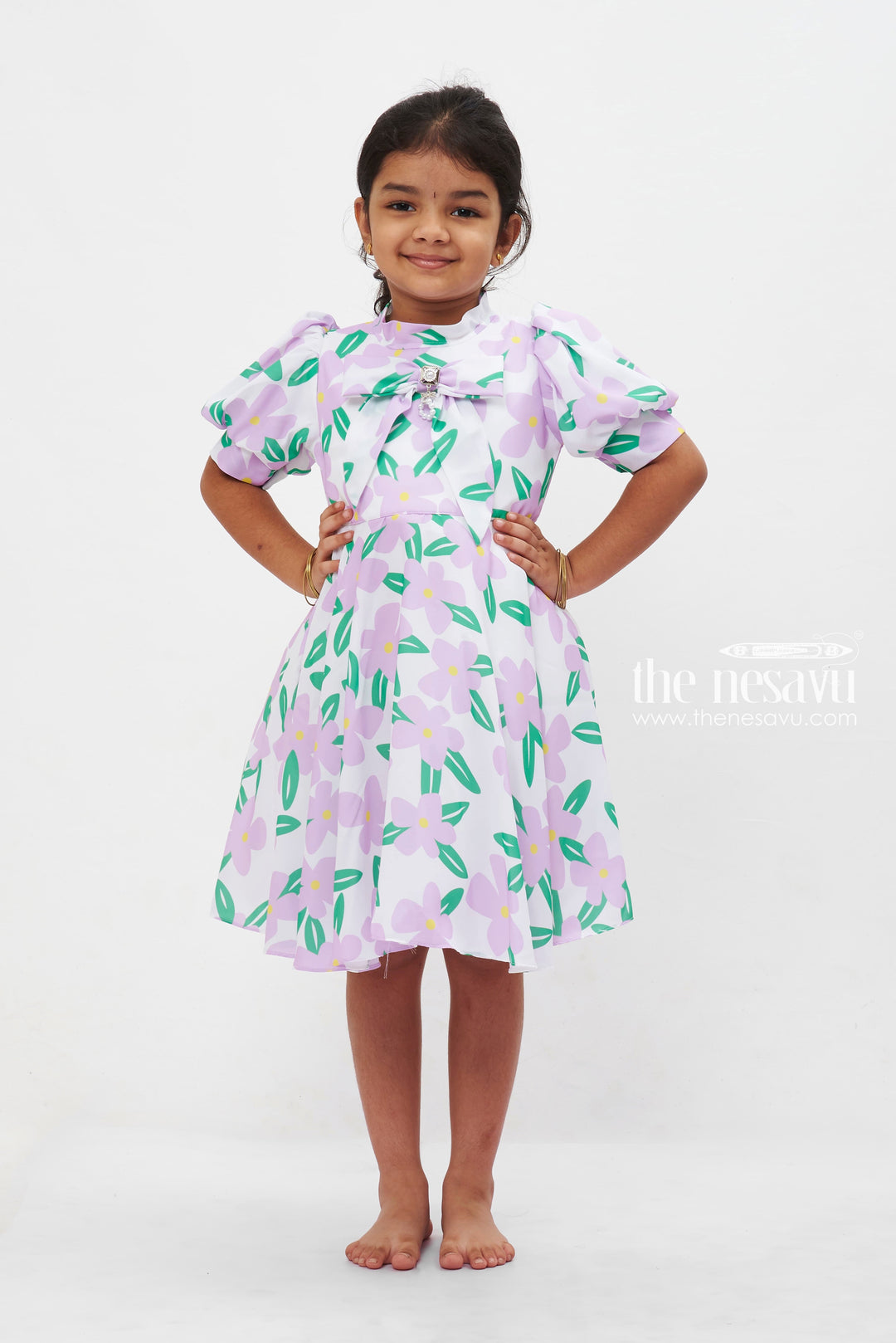 The Nesavu Girls Fancy Frock Purple Blossom Frock with Sparkling Brooch for Girls Nesavu 16 (1Y) / Purple GFC1186C-16 Girls Lavender Floral Frock | Cheerful Spring Dress with Brooch | The Nesavu