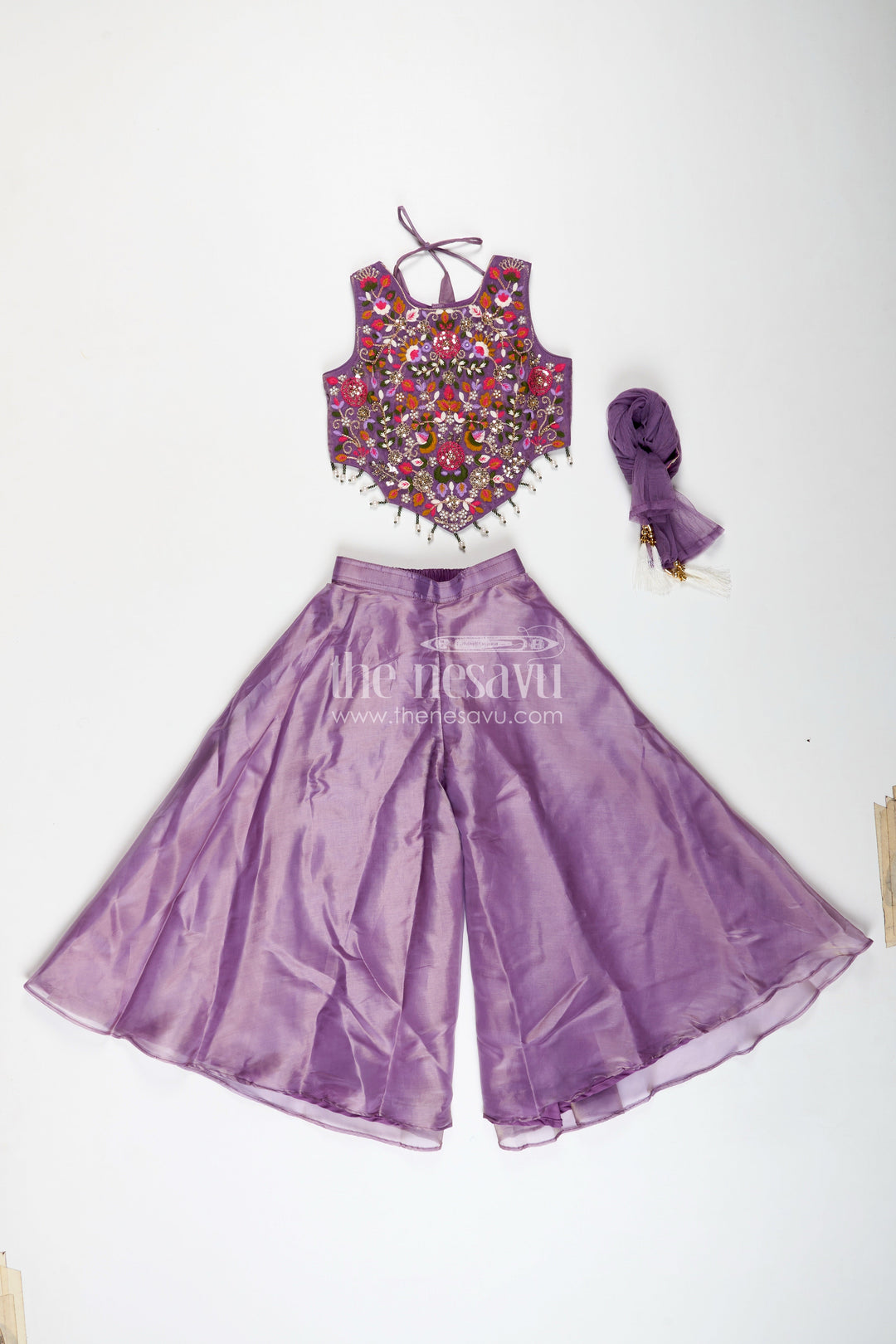 The Nesavu Girls Sharara / Plazo Set Purple Casual Dress Girls Sharara Set with Designer Embroidered Organza Top and Flowing Plazo Pants Nesavu Nesavu Purple Casual Dress Girls Embroidered Sharara Set Glazed Organza Plazo Pants Dupatta