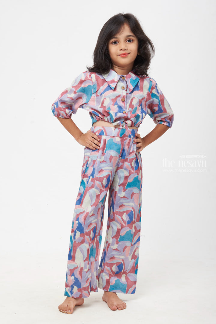 The Nesavu Girls Sharara / Plazo Set Purple Dreams Two-Piece Ensemble with Lively Patterns for Young Trendsetters Nesavu 24 (5Y) / Purple / linen cotton GPS211B-24 Youthful Elegance Collection | Crop Top with Pant Set | The Nesavu